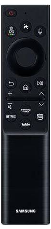 Samsung okos TV távirányító teljesítmény-, hang-, navigációs körgyűrű-, kezdőoldal-, hangerő- és csatorna-gombokkal, valamint Netflix és YouTube gyorsbillentyűkkel.