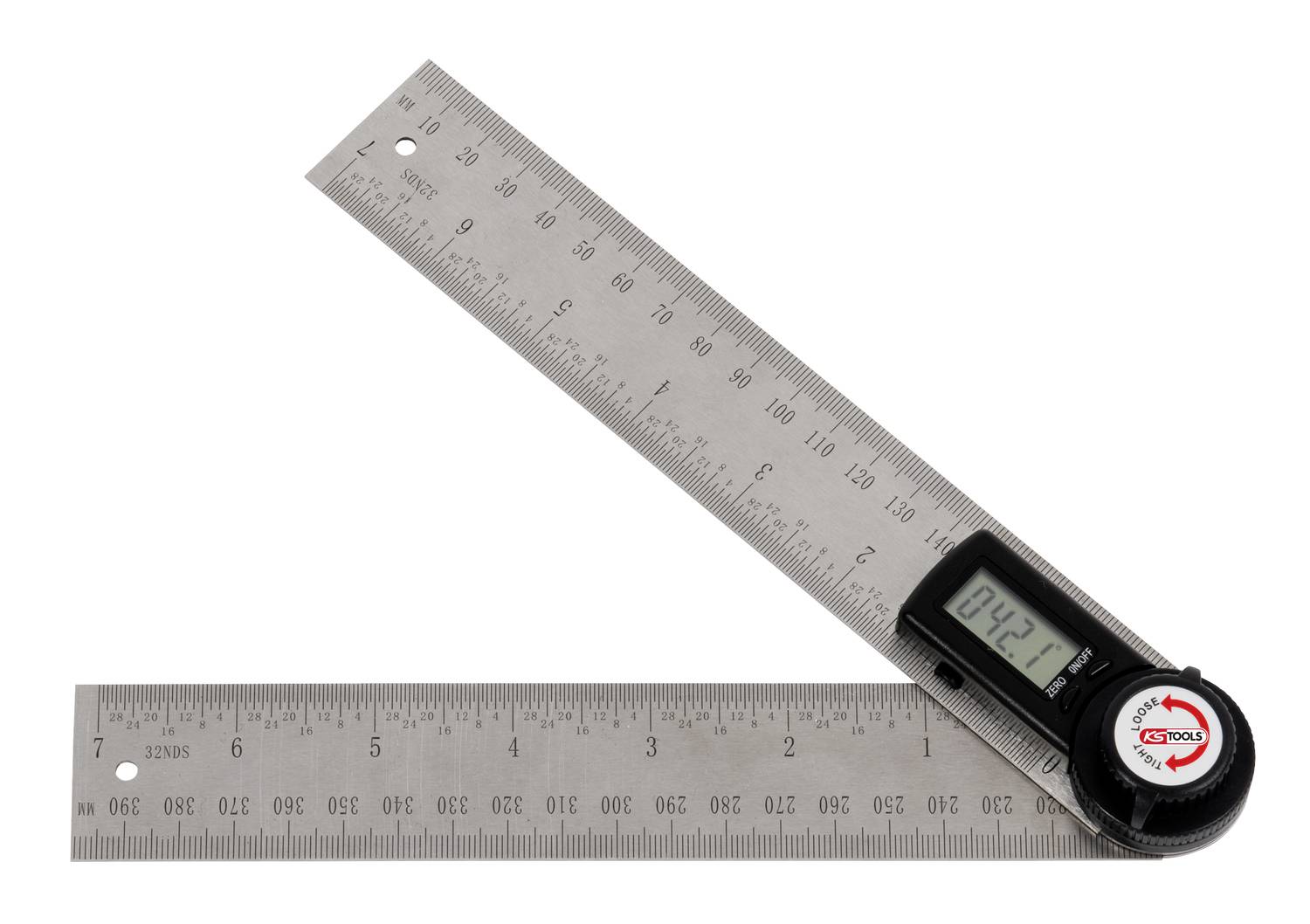 Digitális szögmérő két fém mérőkart mutatva 42,1° szöget.
