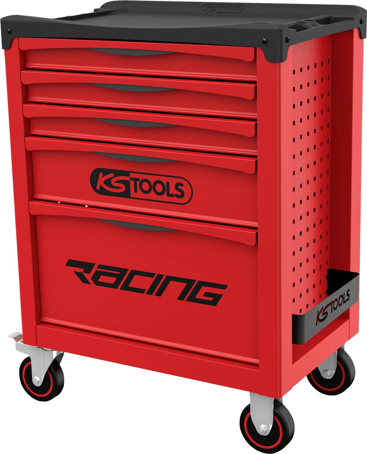 Piros KSTOOLS Racing görgős szerszámszekrény több fiókkal, fekete tetővel és oldalsó résszel, valamint négy görgővel.