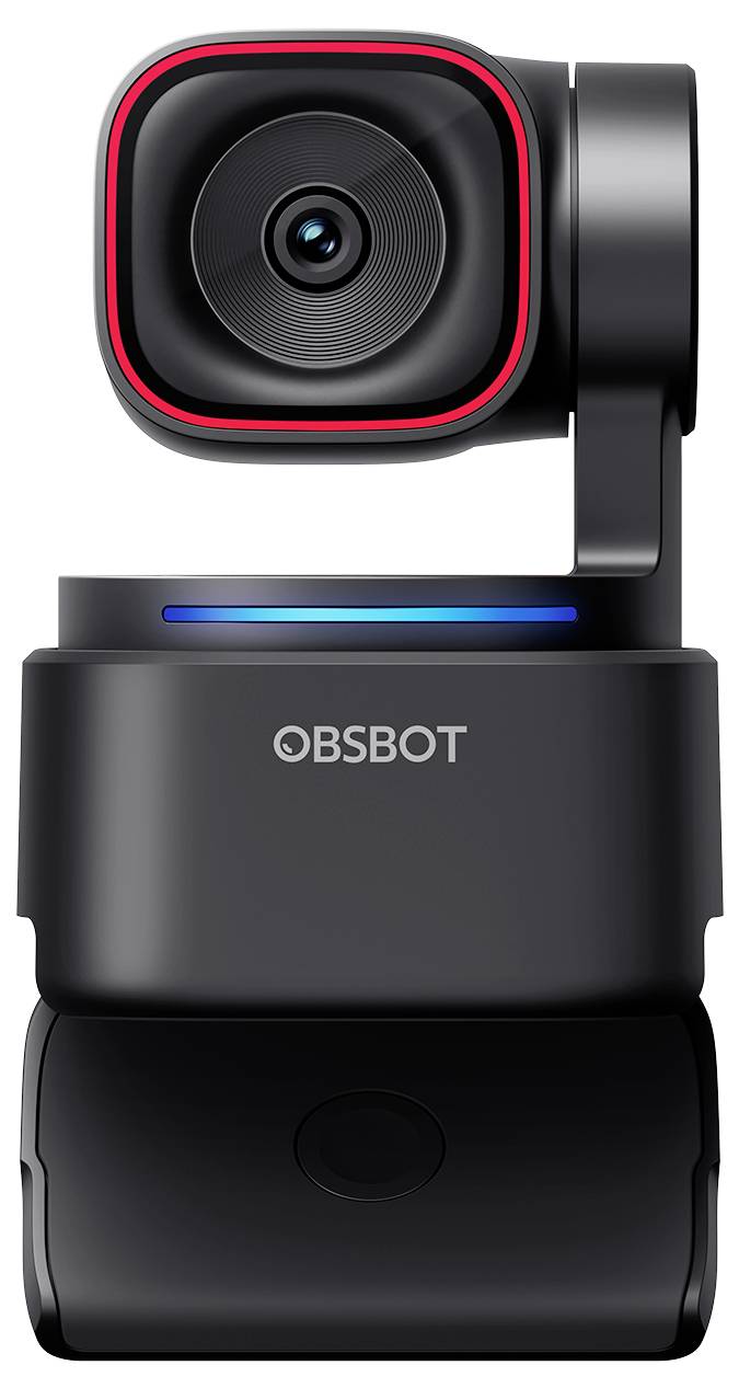 Fekete OBSBOT webkamera kerek kameraobjektívvel és forgó tartóval, elölnézeti megjelenítéssel fehér háttéren.