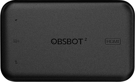 OBSBOT 2 eszköz felülnézetben, HDMI port jelöléssel és apró indikátor ikonokkal egy fekete textúrált borításon.