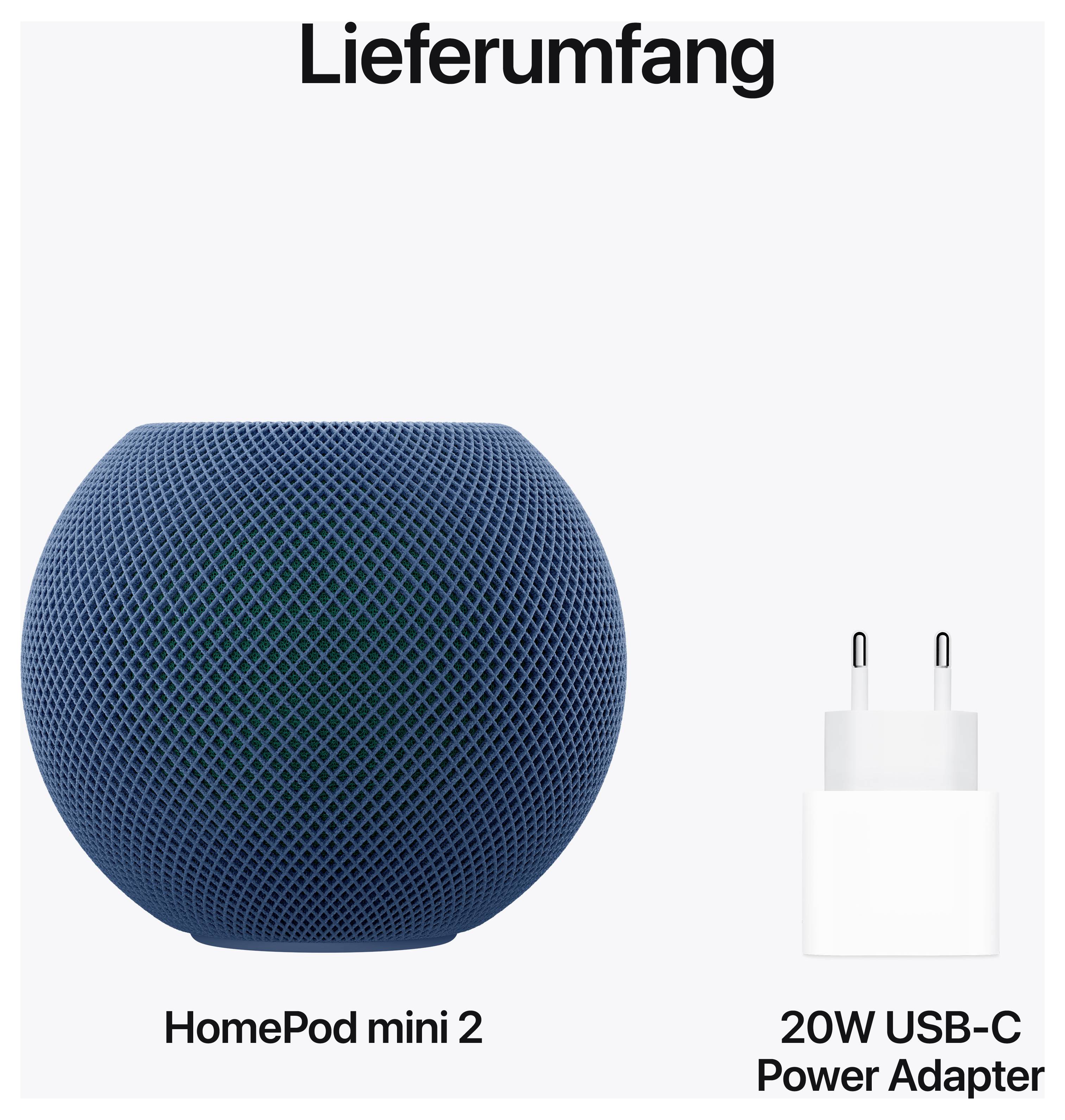 Szállítási terjedelem: kék HomePod mini 2 és 20W USB-C tápegység dugóval.