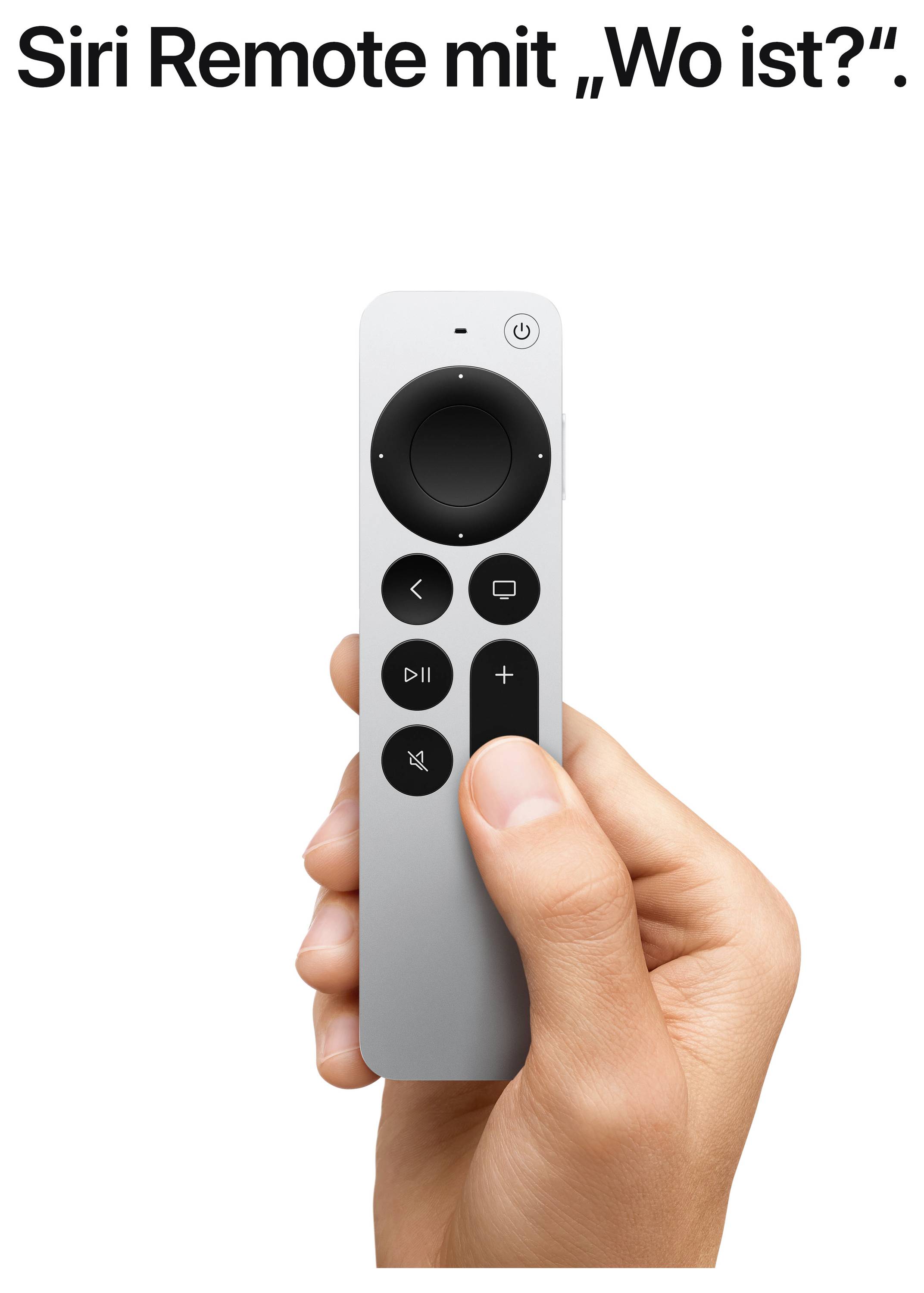 Kéz egy Apple Siri Remote-ot tart, amely iránygombokkal, hangerőszabályozó és beszédkeresési gombbal rendelkezik; felül a „Hol van?" felirat látható a Siri Remote mellett.