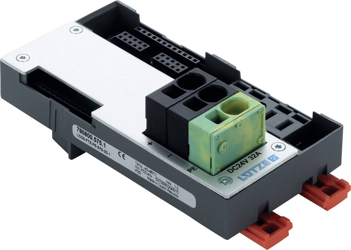 Egy ipari elektromos sorkapocs modul közeli képe fém fedéllel, fekete házhoz, zöld/sárga földelési csatlakozóval és piros szerelési klampiákkal.