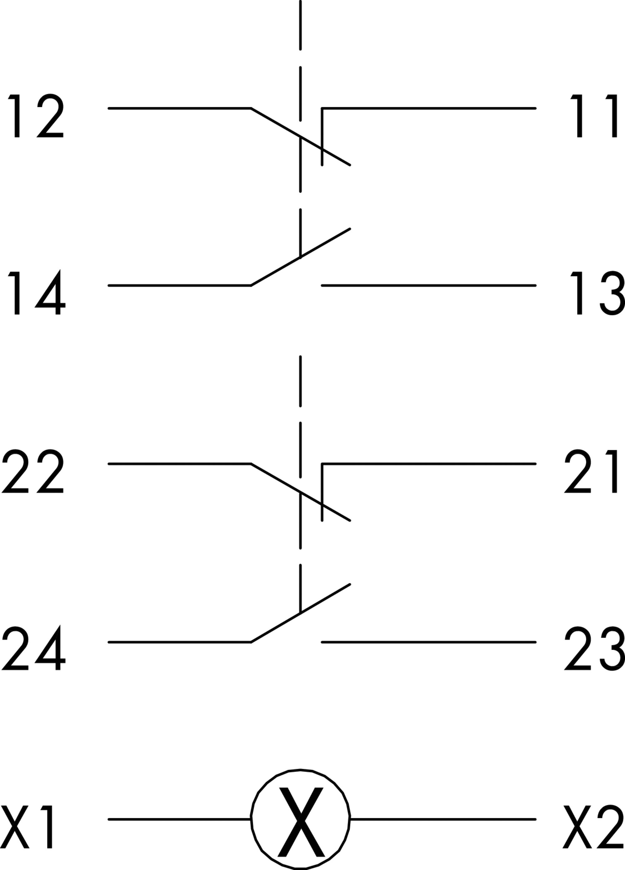Egy relé bekötési rajza négy kapcsolóérintkezővel, amelyek 12/11, 14/13, 22/21 és 24/23 jelölésűek, az X1 és X2 csatlakozások közé kapcsolva.
