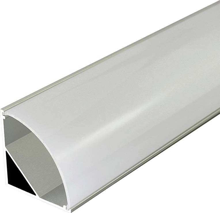 Fehér ívelt LED fénydiffúzor burkolat hosszú alumínium csatornában, fehér háttéren elszigetelten ábrázolva.