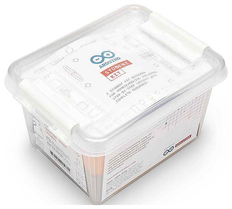 Tiszta műanyag Arduino Student Kit tárolódoboz nyomtatott termékcímkékkel a fedélen és az oldalain.