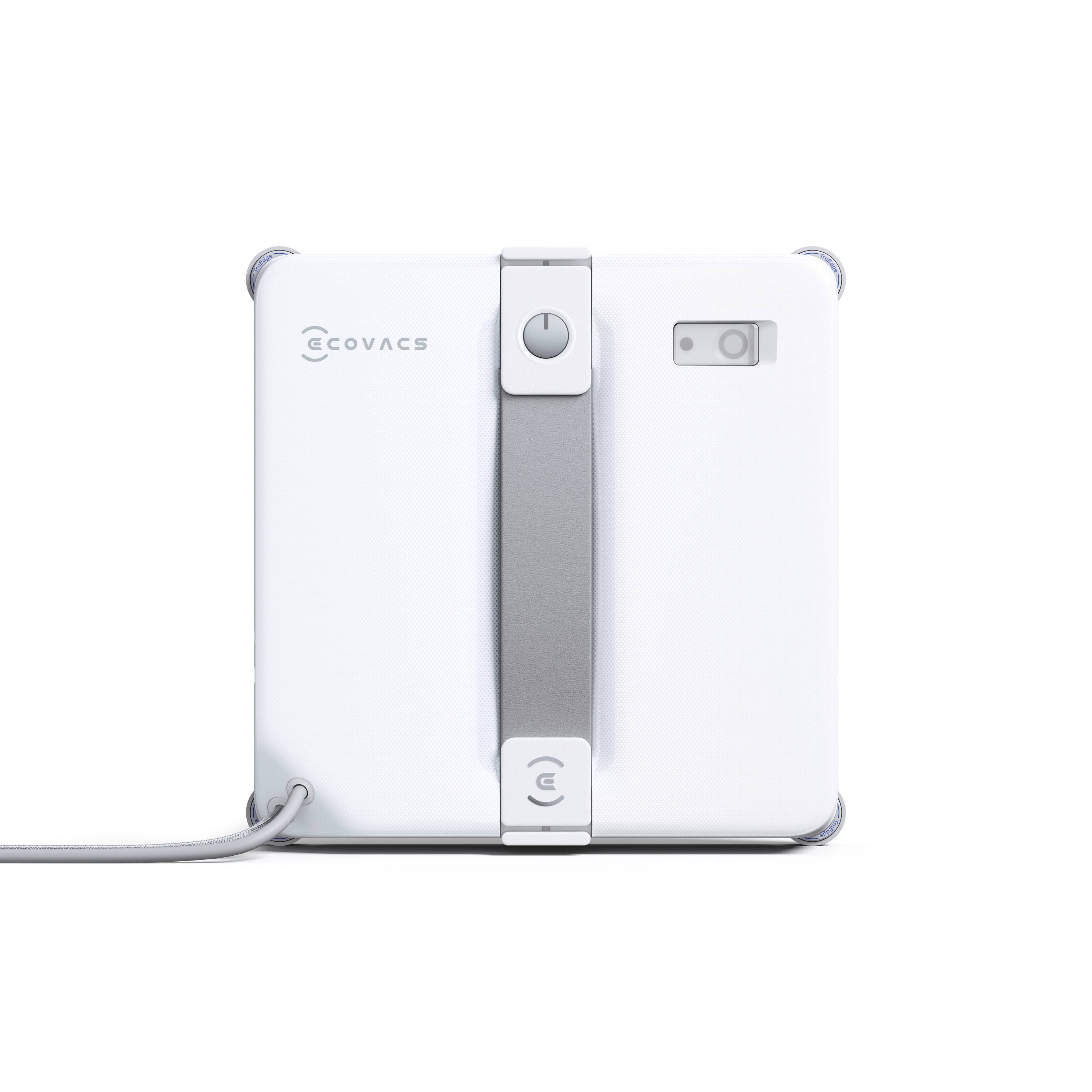 Fehér ECOVACS robotikus ablaktisztító, központi szürke sávval és tápgombbal, elölnézetből megjelenítve a csatlakoztatott kábellel.