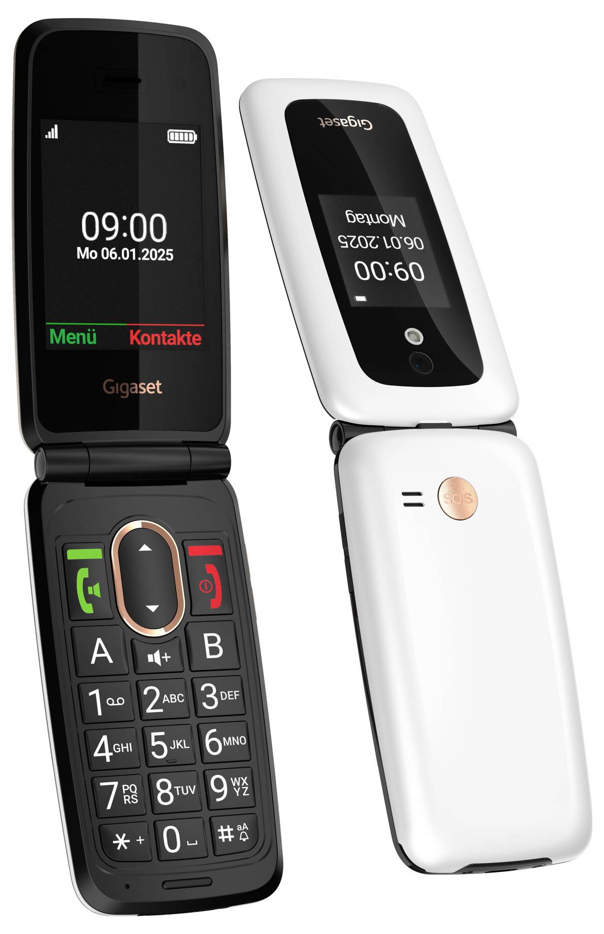 Két fliptelefon, nyitott és zárt állapotban: fekete telefon világító billentyűzettel és képernyővel, fehér telefon külső kijelzővel és kameragombbal.