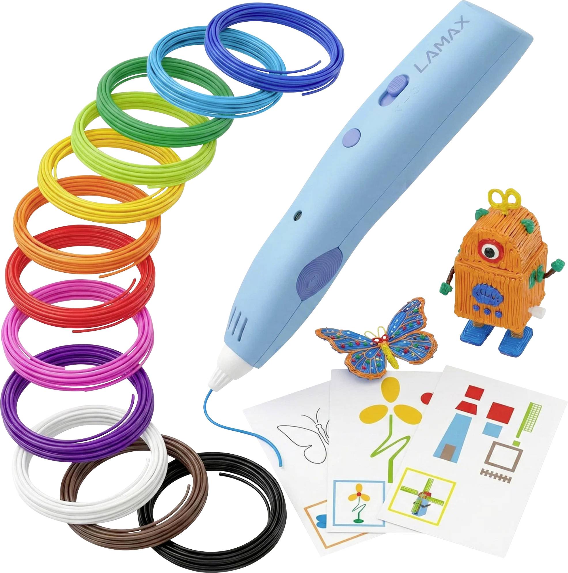 Kék 3D nyomtató toll színes filament tekercsekkel, nyomtatott 3D objektumokkal és kreatív rajzolási felhasználásokat bemutató minta tervkártyákkal.
