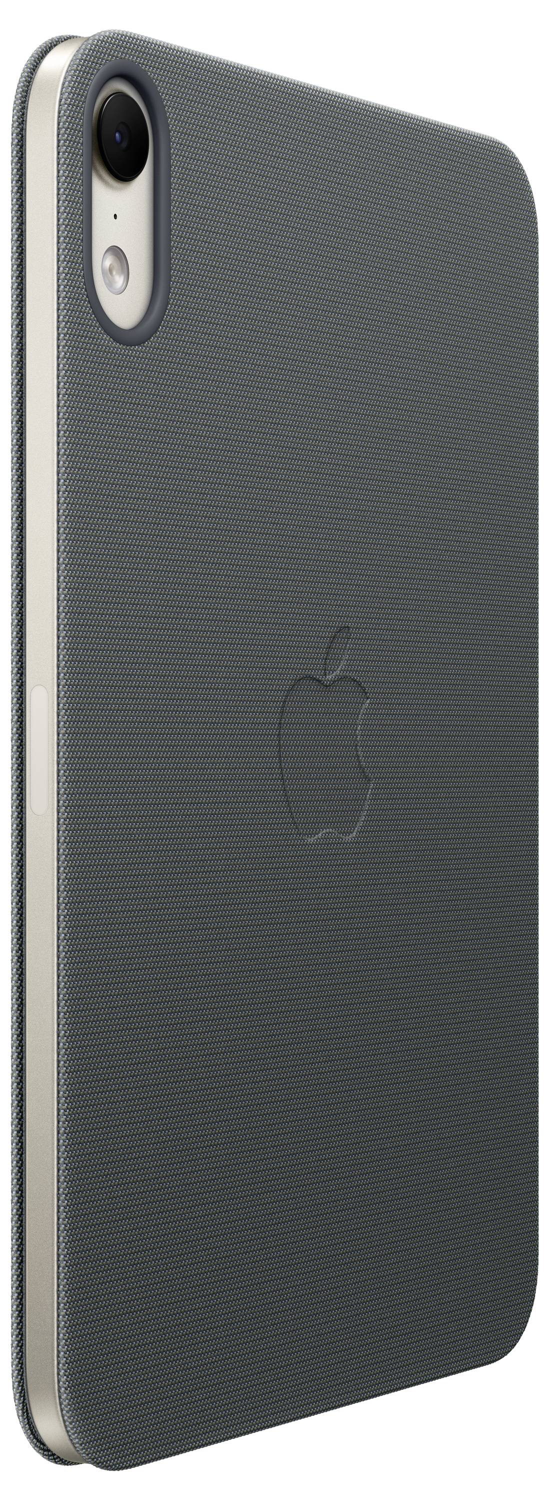 Szürke iPhone-tok fekete Apple-logóval és hátsó kameranyílással, fehér háttéren, közelről.