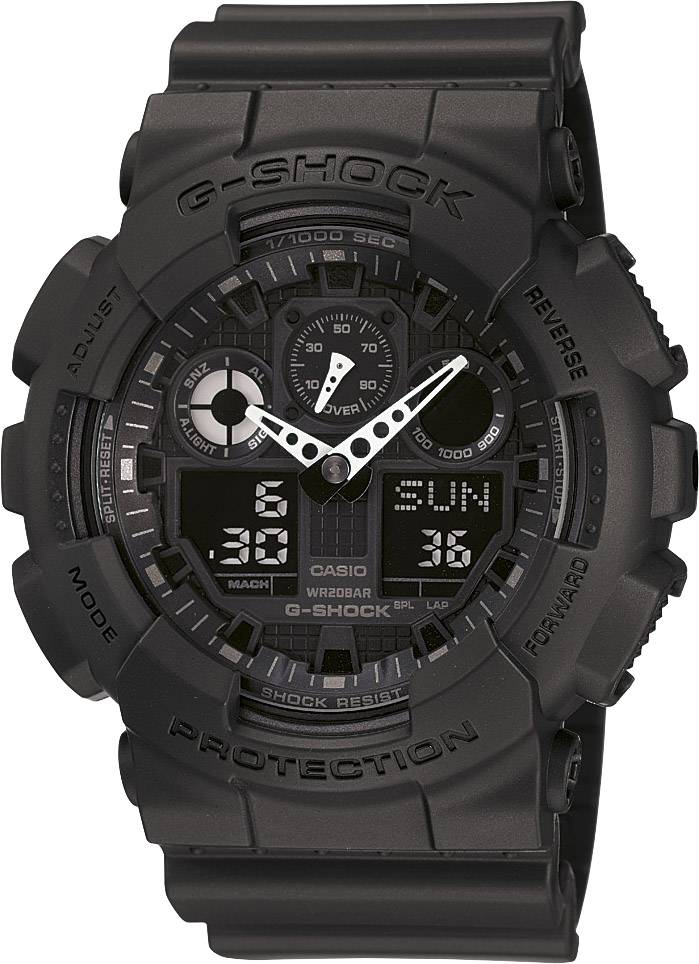 Egy fekete G-Shock digitális óra több kijelzővel és gombbal, amely az időt, dátumot és különböző funkciókat mutat.