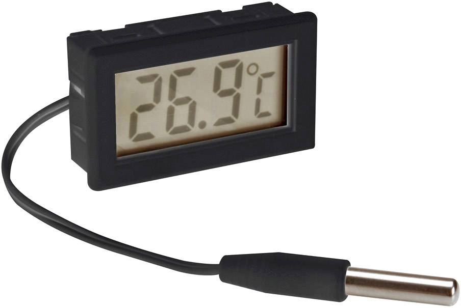 Egy digitális hőmérő 26,9°C hőmérsékletet mutat, amelyet egy kábellel és érzékelővel kötöttek össze.