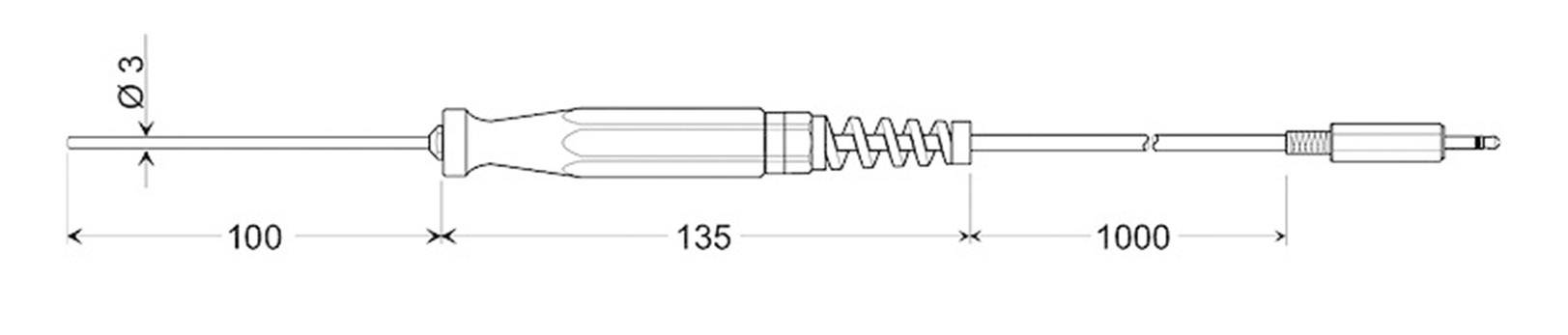 Műszaki rajz egy csatlakozóról méretjelöléssel: teljes hossz 1235 mm, markolat 135 mm, spirálkábel jelölése, átmérő 3 mm.
