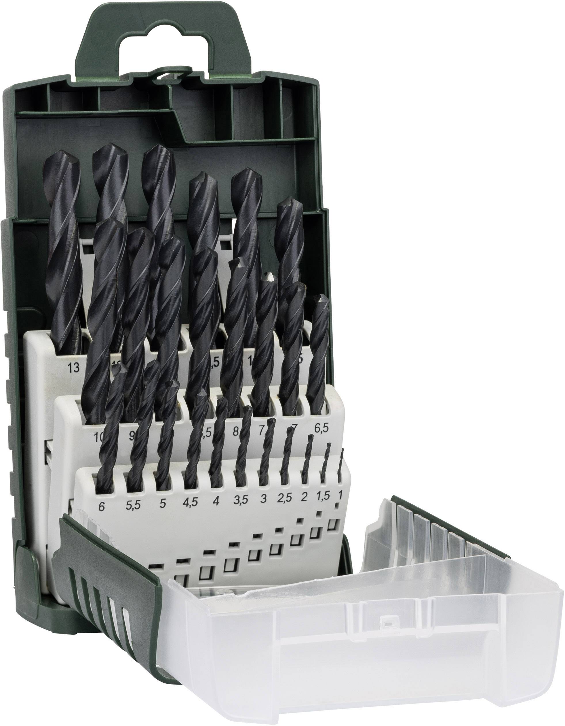 Fúrókészlet különböző méretekben, egy nyitott zöld tokban elrendezve. A számjelölések a befogókon láthatóak.