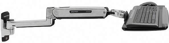 Egy dönthető fali tartó, integrált billentyűzet-tartóval, ezüstszínű fémből, ergonomikus megoldást kínál munkaterületekre.