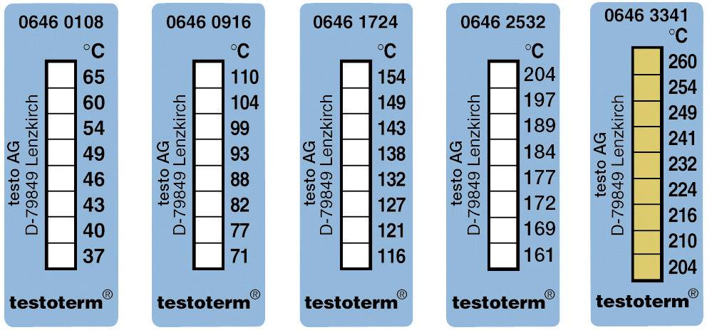 Öntapadós hőmérőcsík készlet 50 x 18 mm, 71/77/82/88/93/99/104/110 °C, Testo Testoterm