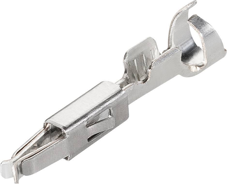 Egy ezüstszínű fém csatlakozó érintkeződarab hajlított, hengeres füllel és négyszögletes testtel.