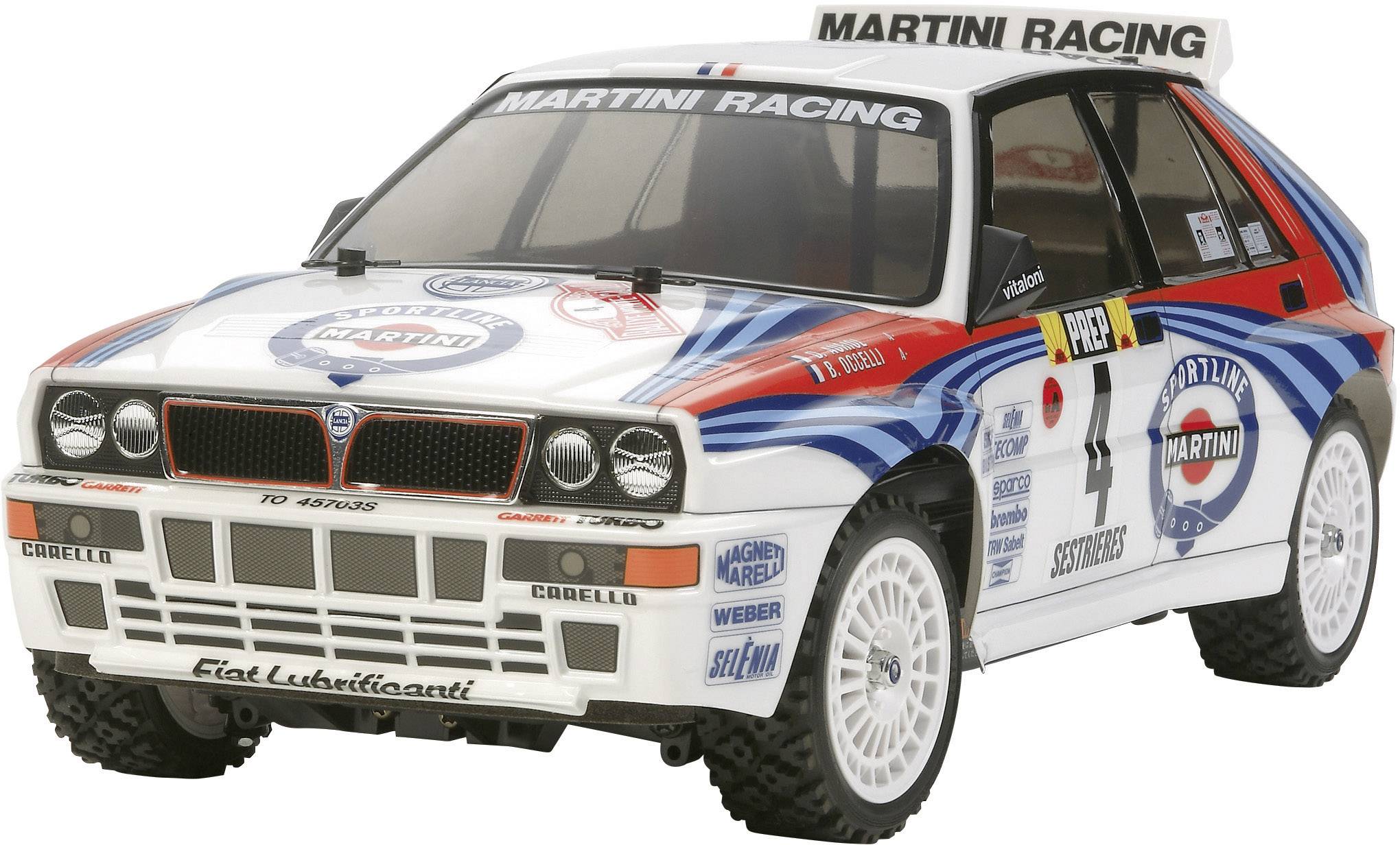 Martini Racing-dizájnnal ellátott rallójármű modellautója a karosszérián.