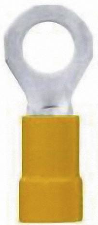 Egy sárga csatlakozó cipő kerek furattal, amely elektromos csatlakozások vagy földelések kialakítását teszi lehetővé.