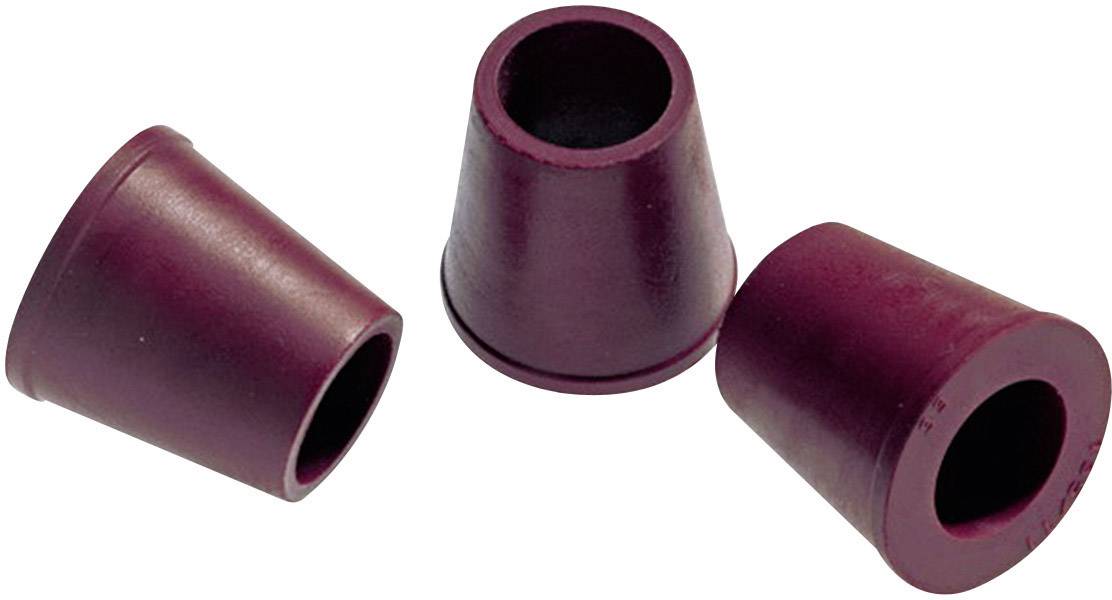 Három vöröses, kúp alakú gumitalpazat, amelyek egy felületen fekszenek. Le vannak ferdítve, és a szélesebb oldalukon nyílás található.