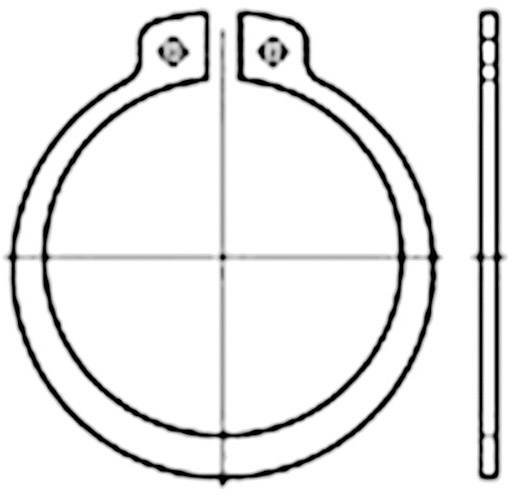 Egy biztonsági gyűrű rajza külső és oldalnézeti ábrázolással. A gyűrű nyitott, és két lyukat mutat a végein szerszámos alkalmazáshoz.