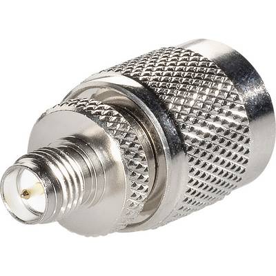 Egy csiszolt felületű ezüst koaxiális adapter, amelyet elektronikai eszközök kábelkapcsolásához használnak.