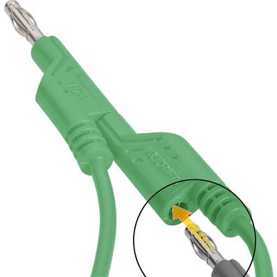Egy zöld kábel speciális csatlakozókkal. A nagyított kivágat részletesen mutatja a mechanikai felépítést.