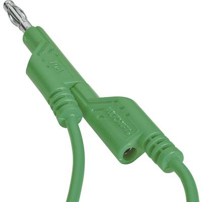 Egy zöld banándugós kábel szigetelt csatlakozóval és jelölt polaritással, amelyet laboratóriumi elektromos csatlakozásokhoz használnak.
