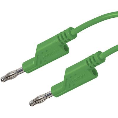 Két párhuzamosan elrendezett zöld banándugós kábel fémcsatlakozókkal, elektromos csatlakoztatáshoz.