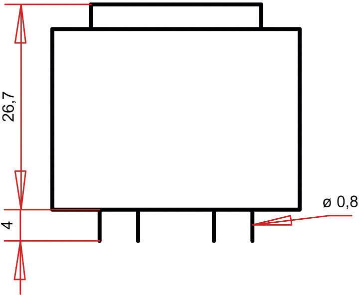Egy téglalap alakú tárgy diagramja, amelynek tetején három vízszintes vonal és három lefelé mutató tű látható. Méretei: magasság 26,7 mm, szélesség 4 mm, átmérő 0,8 mm.