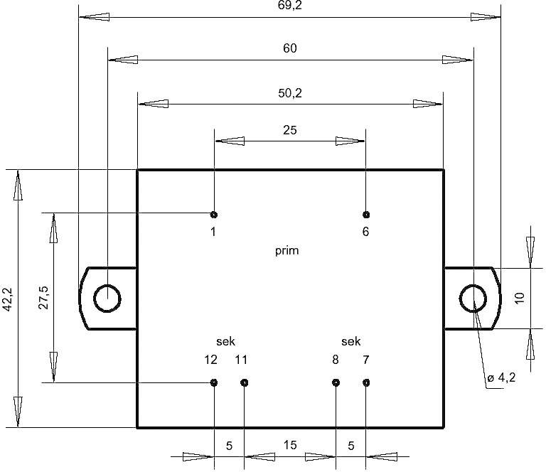 Egy elektronikai alkatrész kapcsolási rajza méretmegadással. Fő csatlakozók: 'prim' (1-6) és 'sek' (7-12). Teljes szélesség 69,2 mm, magasság 42,2 mm.