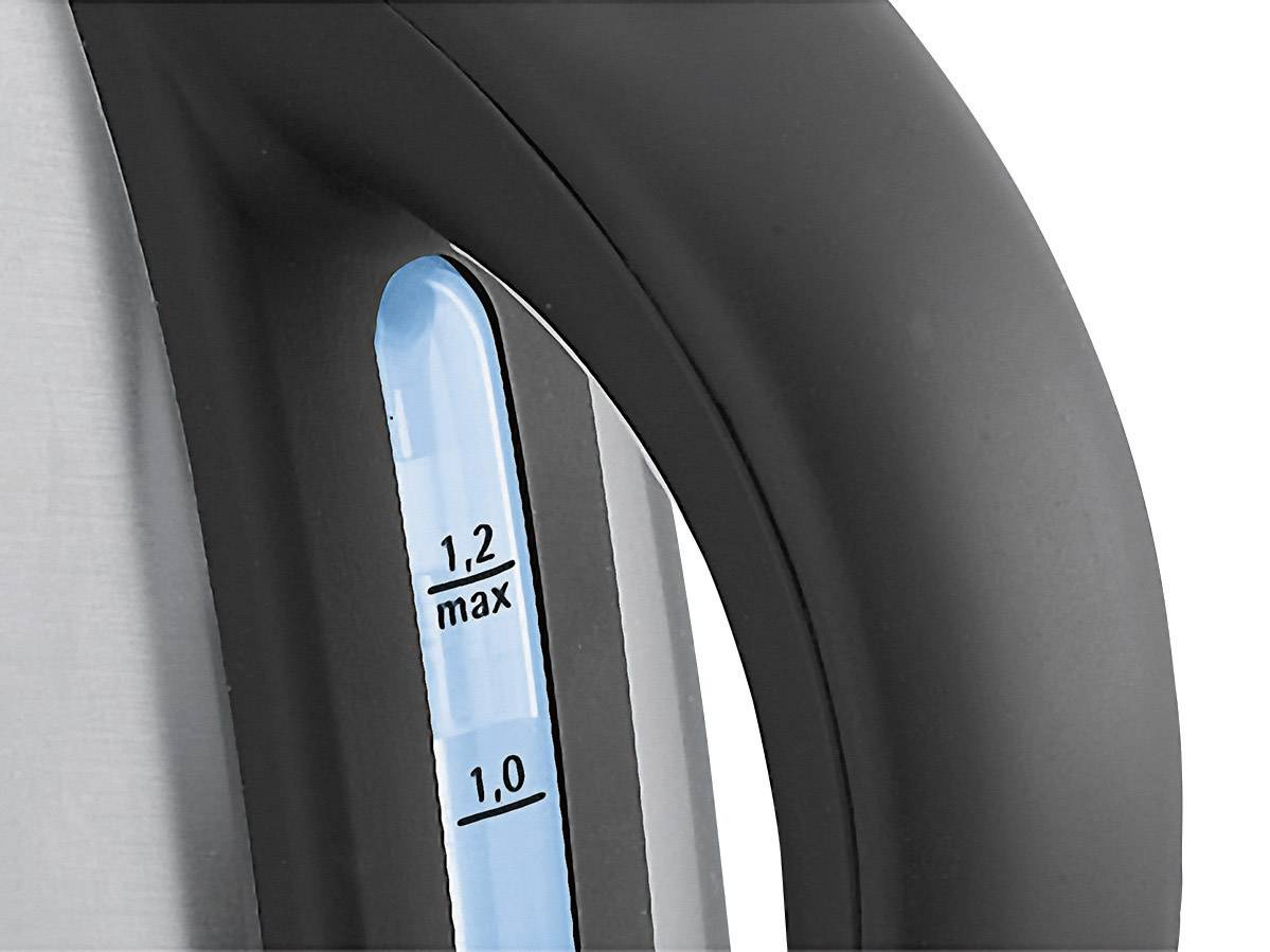 Egy vízforraló kék vízszintjelzővel, amely 1,2 literig terjed, mutatja a maximális töltési mennyiséget.