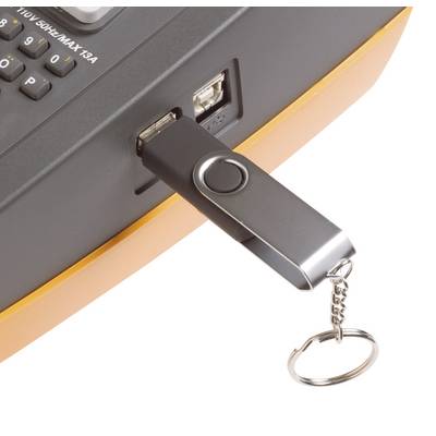 USB-kulcs csatlakoztatva egy narancssárga széfhez, kijelzővel és billentyűzettel.