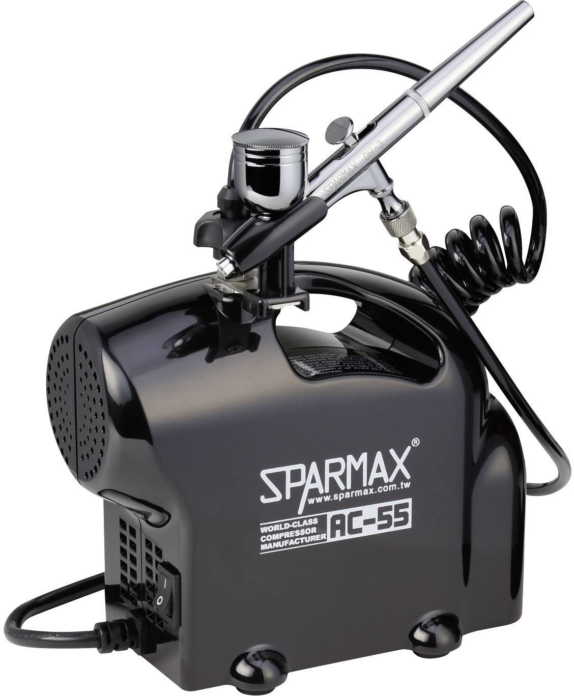 Fekete Airbrush-kompresszor 'SPARMAX AC-55' tömlővel és fúvófejes tartozékkal. Kompakt és hordozható, alkalmas modellezéshez és művészeti projektekhez.