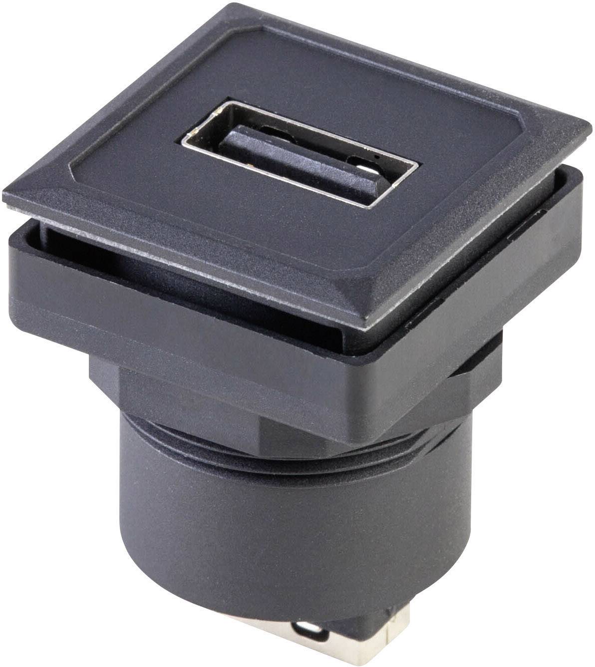 Egy fekete USB-csatlakozó négyszögletes házban, négyzet alakú felső résszel, amely alkalmas eszközökbe történő beépítésre.