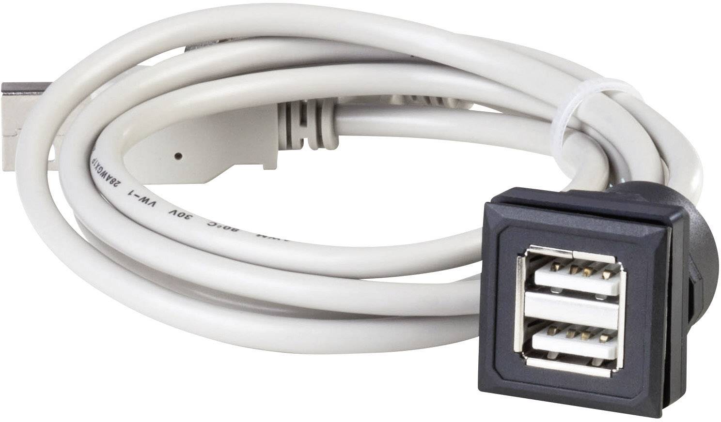 Fehér USB-kábel három USB-porttal az egyik végén. Alkalmas több USB-eszköz egyetlen csatlakozóhoz történő csatlakoztatására.