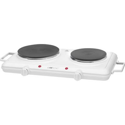 Fehér elektromos dupla főzőlap két beállítógombbal és piros jelzőlámpákkal.