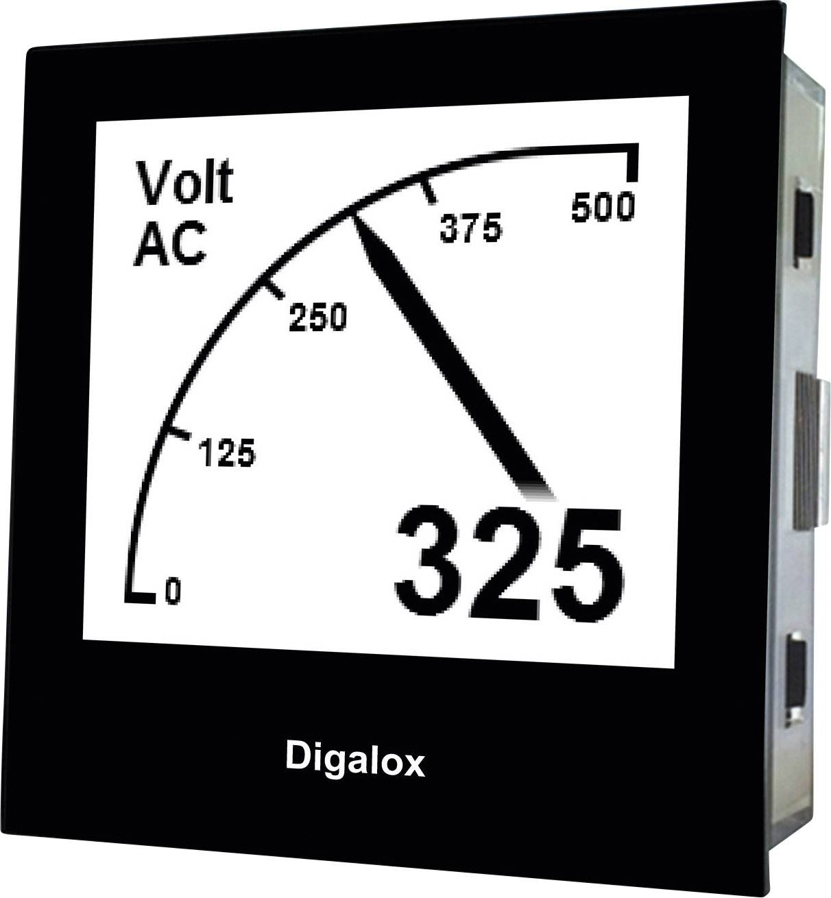 Digitális kijelző mutatóval, amely 325 volt váltakozó áramra mutat. A skála 0-tól 500 voltig terjed. Alatta a 'Digalox' felirat látható.