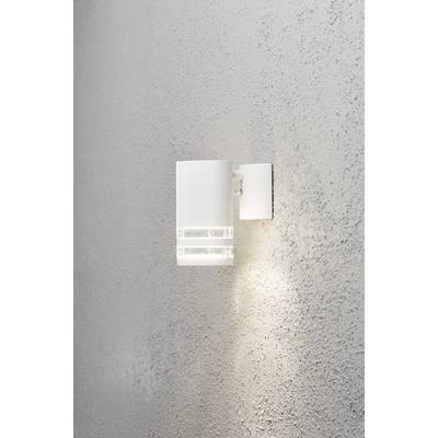 Fehér fali lámpa szürke fal előtt, amely meleg fényt sugároz. Modern design egyenes vonalakkal. Tökéletes hangulatvilágításhoz.