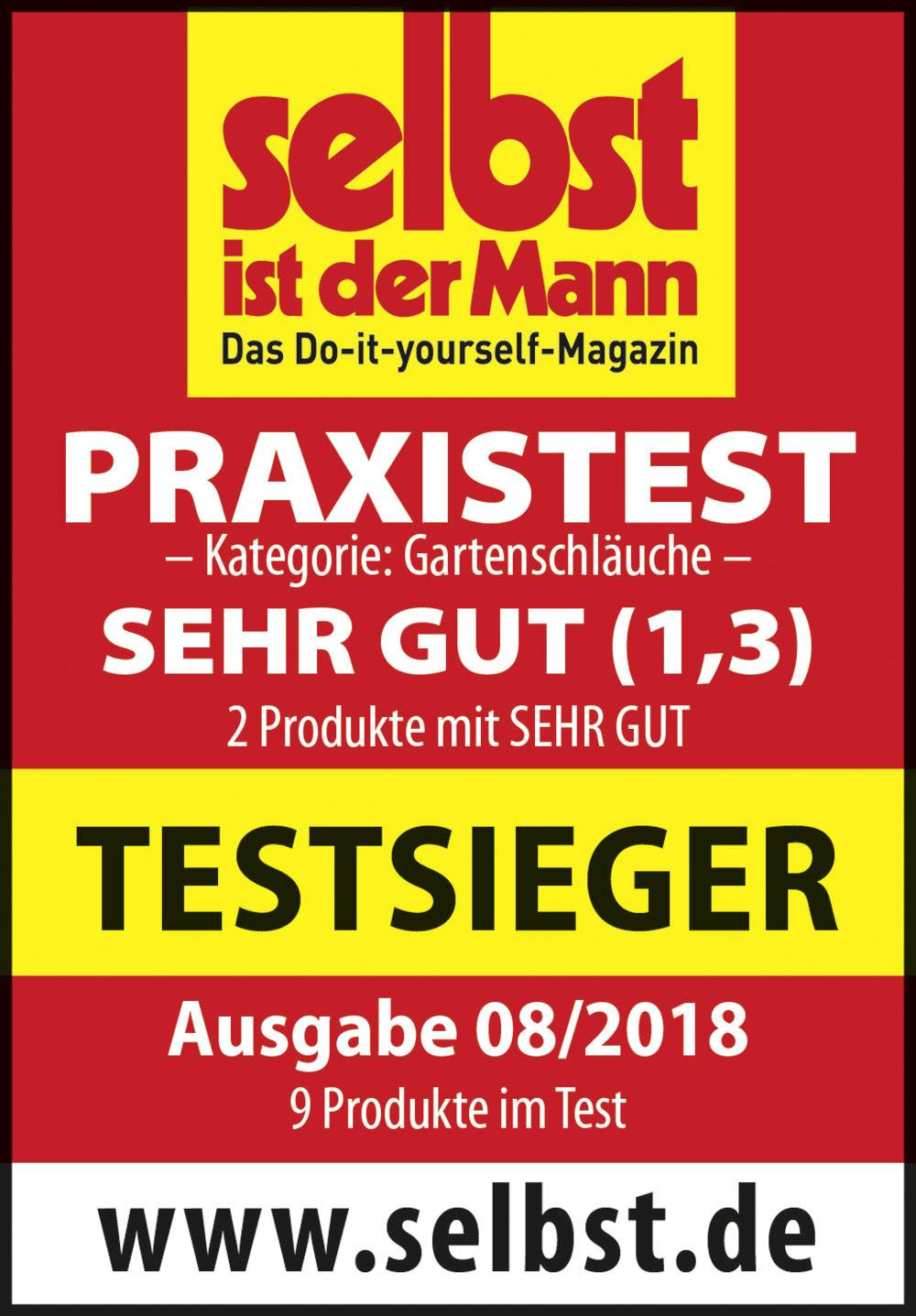 "Selbst ist der Mann" magazin értékelte a kerti tömlőket. Gyakorlati teszt: KIVÁLÓ (1,3). Tesztgyőztes, 2018. augusztusi szám. Weboldal: www.selbst.de.