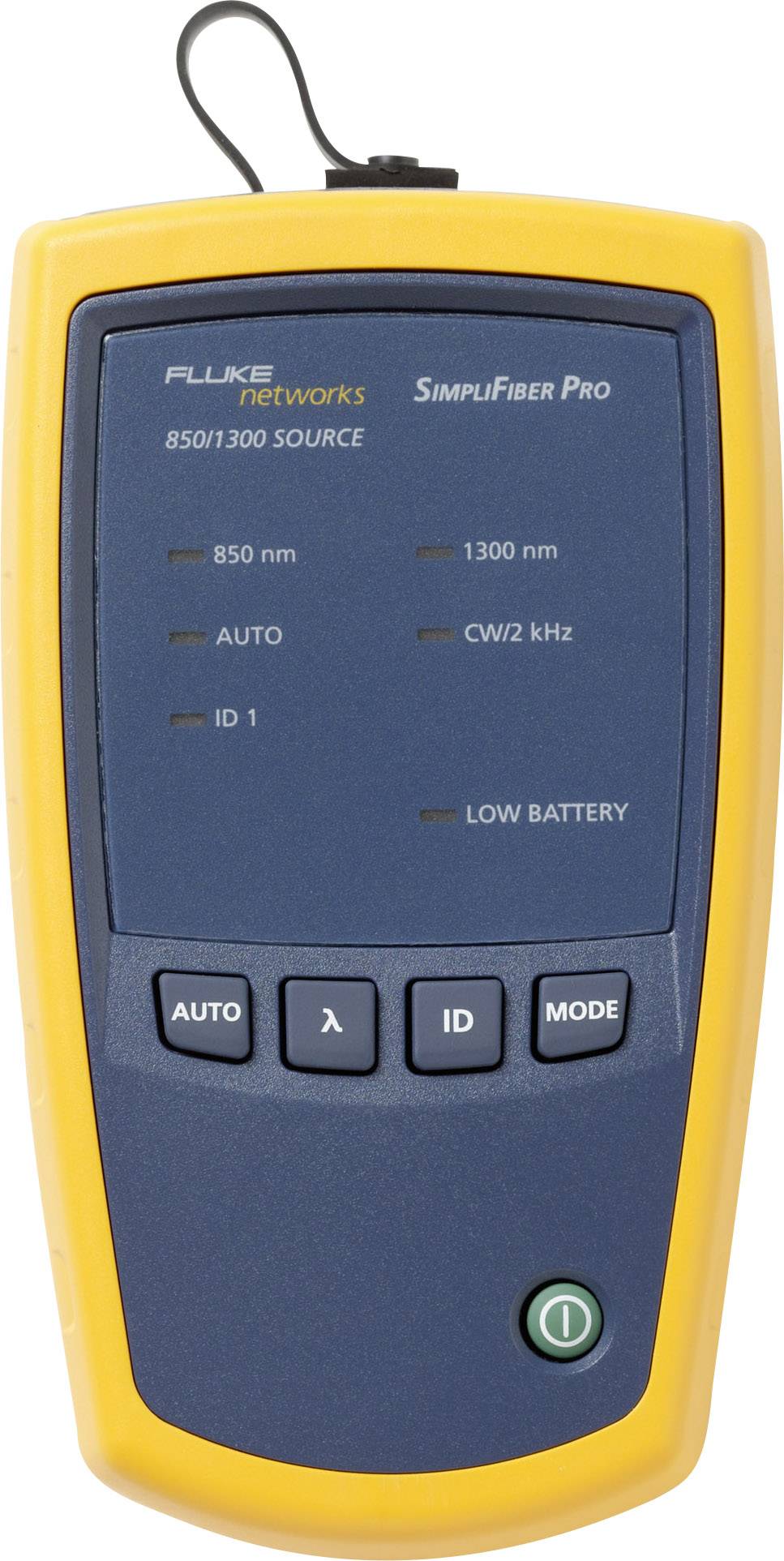 Egy Fluke Networks által gyártott optikai szálvizsgáló műszer, 'SimpliFiber Pro' modell, Auto, ID és Mode gombokkal, valamint alacsony akkumulátorállapot jelzővel.