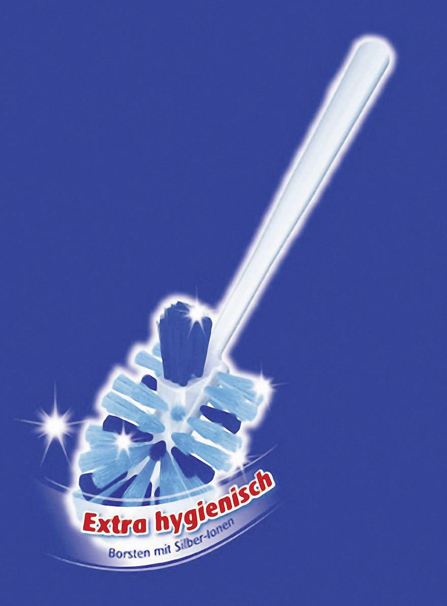 Kék fejű WC-kefe, amelyet 'extra higiénikus' termékként hirdetnek, ezüst-ionos sörtékkel kék háttér előtt.