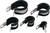 Öt különböző méretű, fémből készült, gumírozott bevonatos fekete kábelrögzítő, kábelek vezetéséhez és rögzítéséhez.