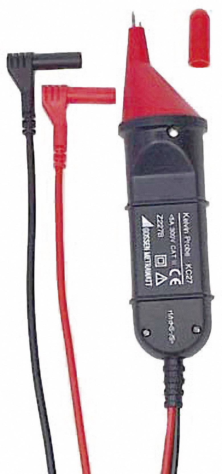 Egy piros és fekete mérőhegyekkel ellátott elektromos feszültségvizsgáló eszköz, amely alkalmas elektromos áramkörök feszültségének teszteléséhez.