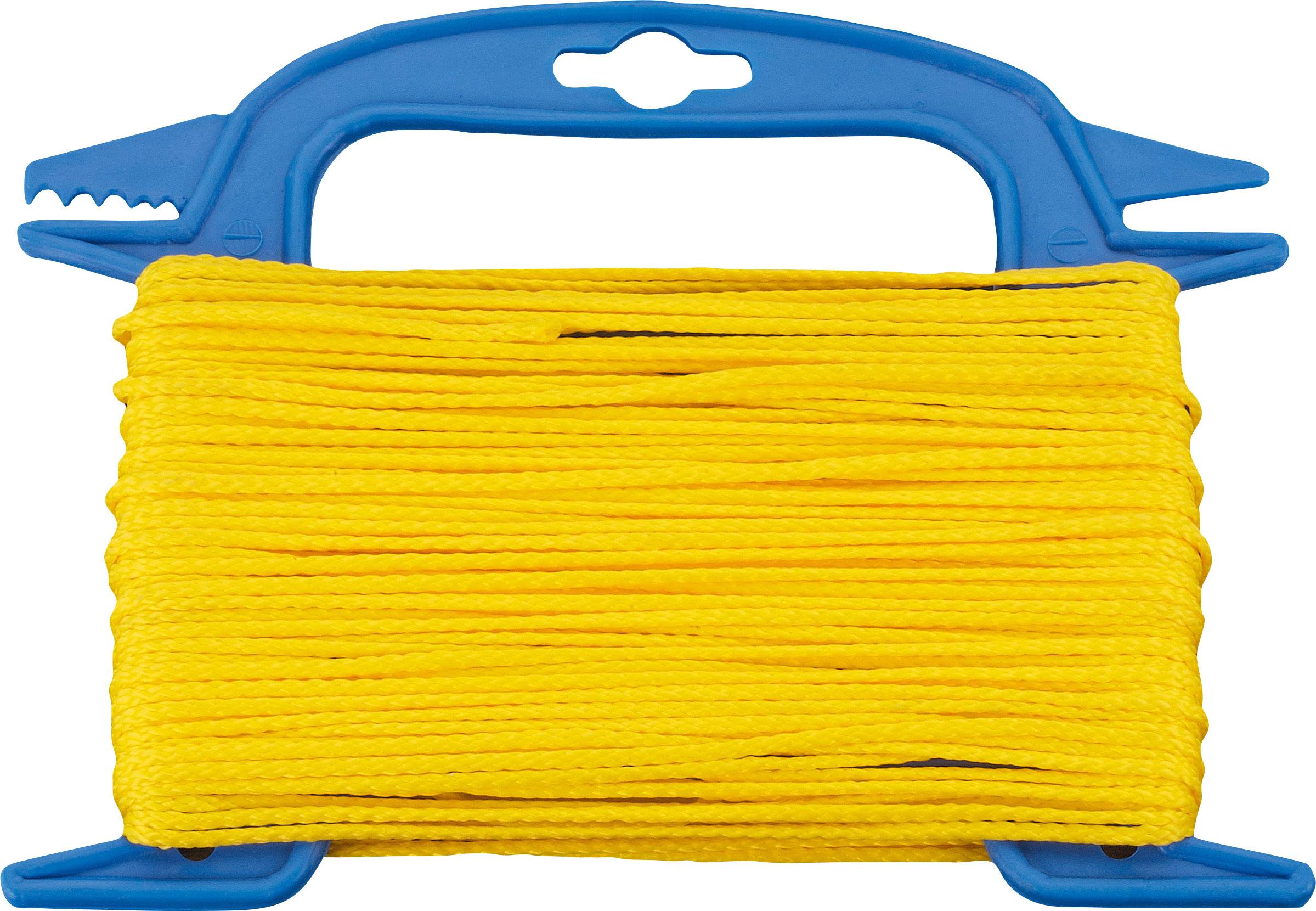 Sárga zsinór tekeredik kék műanyag tartóra, használatra készen.