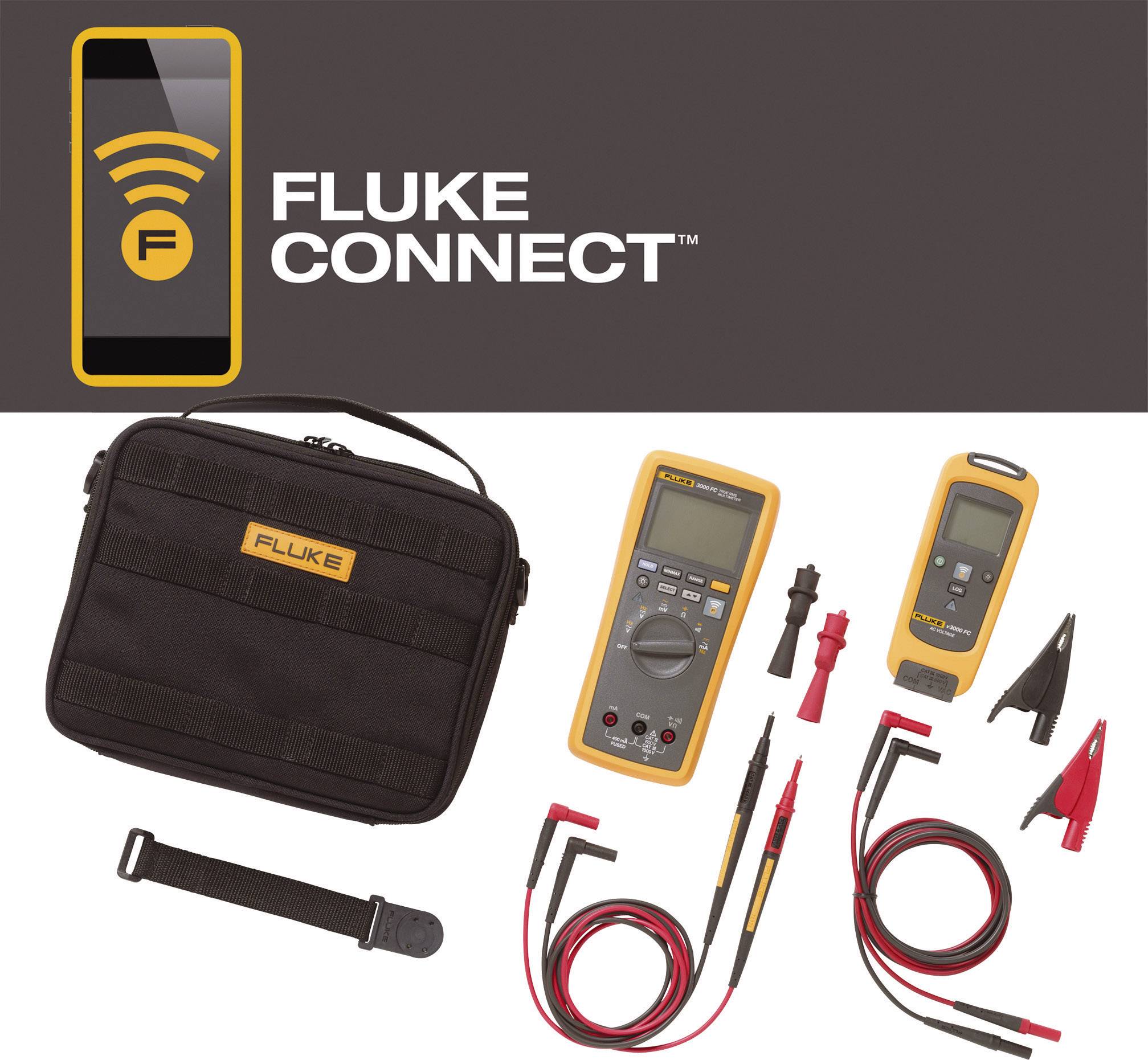 Fluke Connect szett hordtáskával, digitális multiméterrel, hálózati kábelekkel és elektronikai méréshez szükséges tartozékokkal, professzionális felhasználók számára.