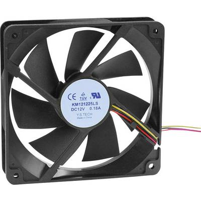 Egy fekete szárnyú négyzet alakú számítógép-ventilátor, közepén egy címkével. Négy színes kábel lóg ki az oldalából.