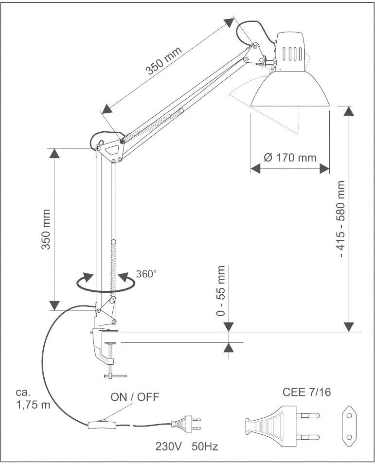 Műszaki rajz egy csuklós karú lámpáról méretekkel: 350 mm karhossz, 170 mm lámpabúra átmérő. Talp: 55 mm. Kapcsoló: Be/Ki. Csatlakozó: CEE 7/16, 230V, 50Hz. Magasságállítható: 415-580 mm.