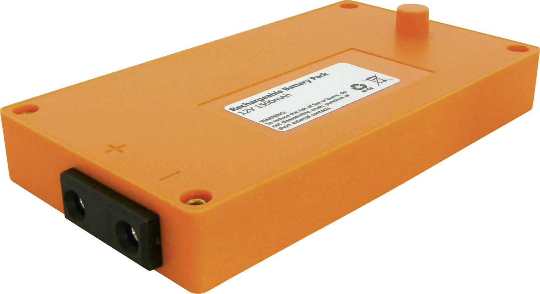 Egy narancssárga újratölthető akkumulátorcsomag, amelyen a 'Rechargeable Battery Pack 12V 5000mAh' felirat szerepel, és a plusz és mínusz pólusok jelölve vannak.